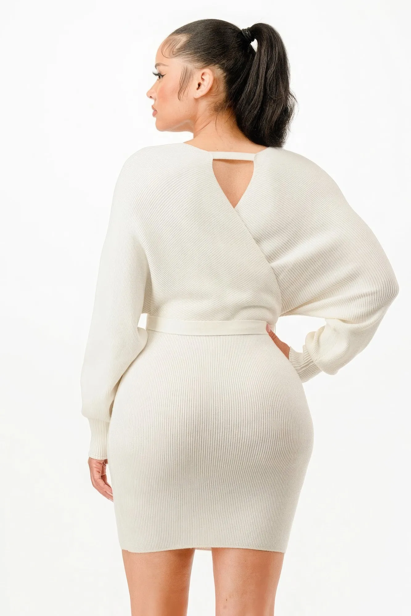 Cream Off Shoulder Wrap Belted Ribbed Sweather Dress