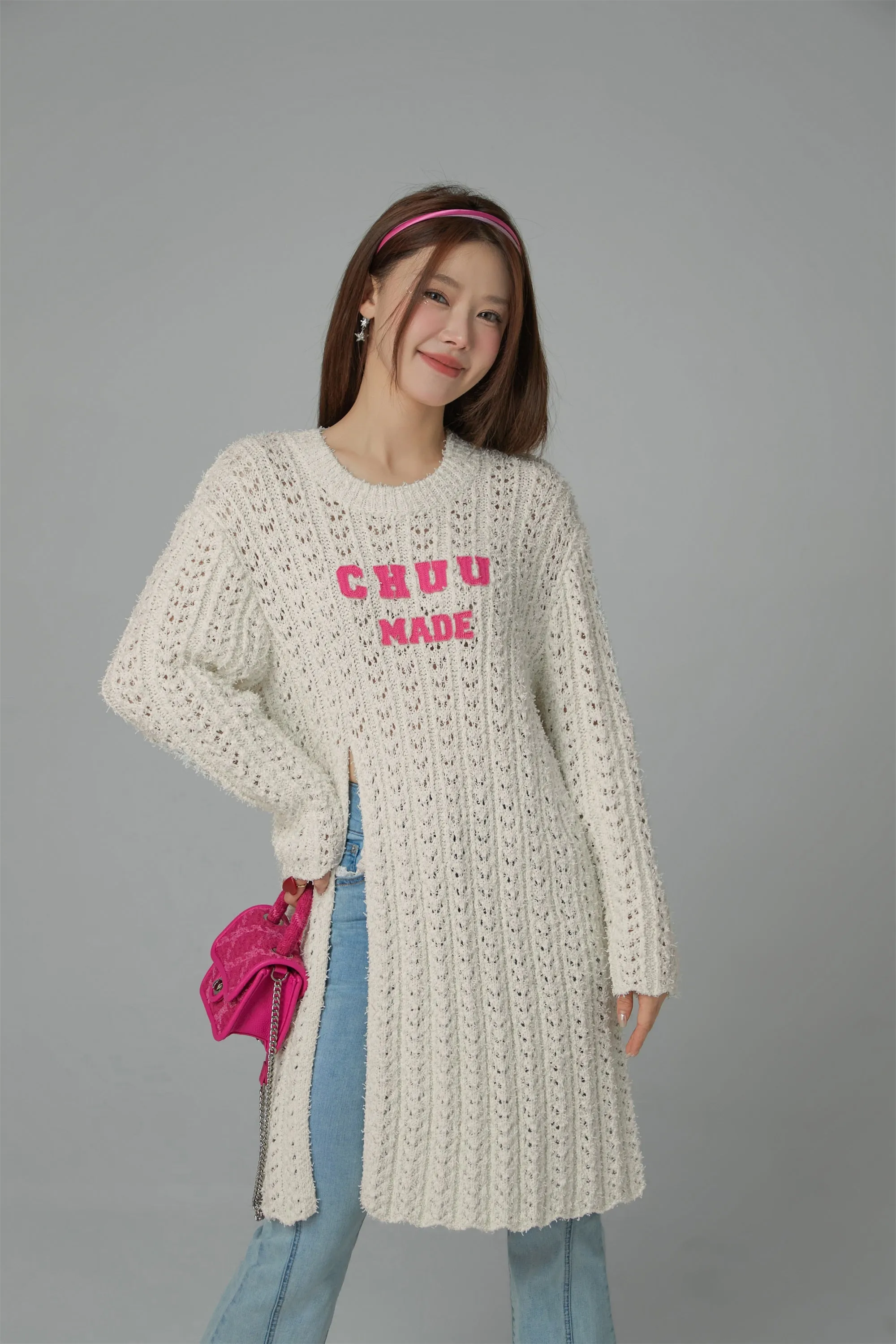 Crochet Side Slit Knit Long Sweater Dress