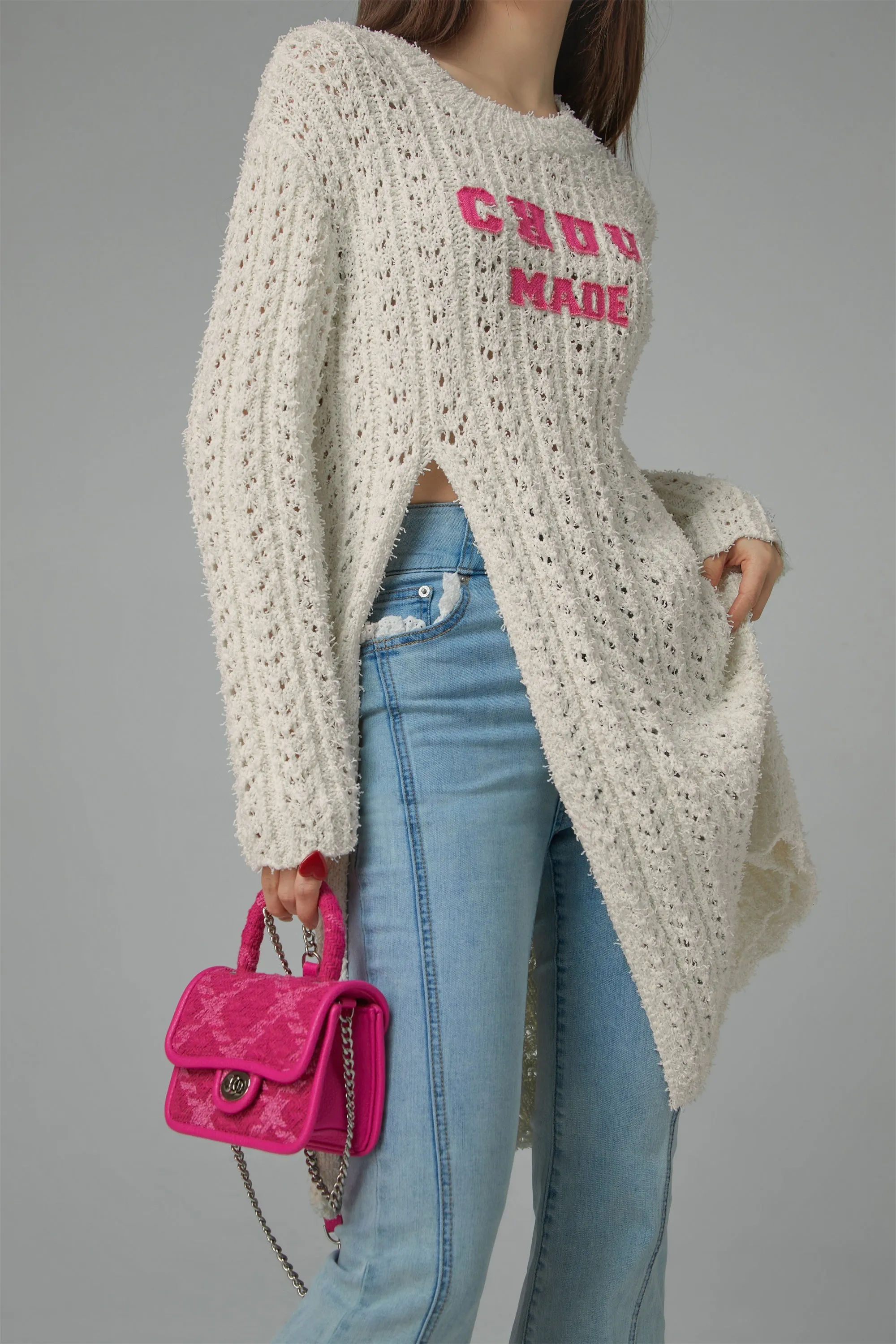 Crochet Side Slit Knit Long Sweater Dress