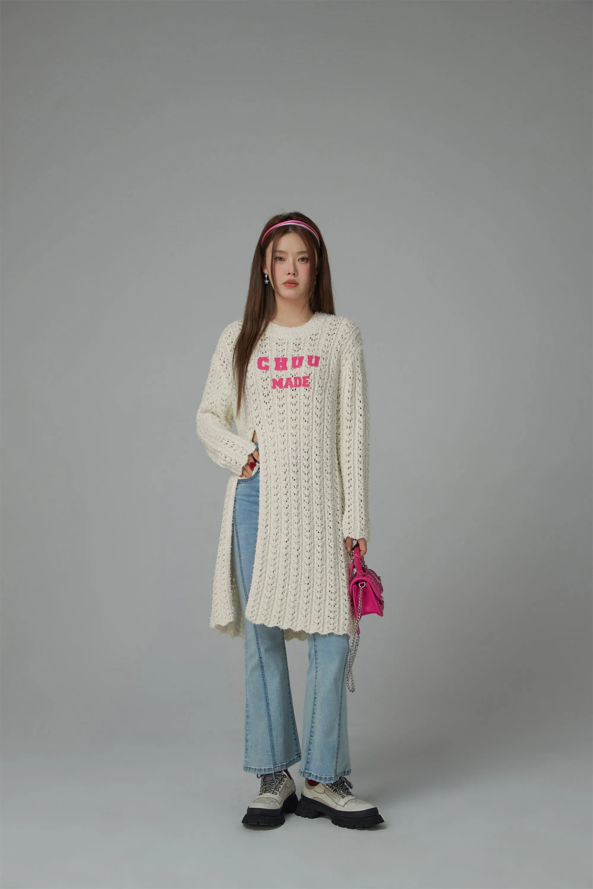 Crochet Side Slit Knit Long Sweater Dress