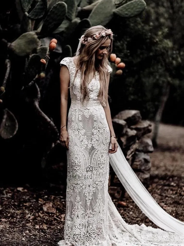 Deep V-Neck Lace Sheath Boho Bohemian Wedding Bridal Dress