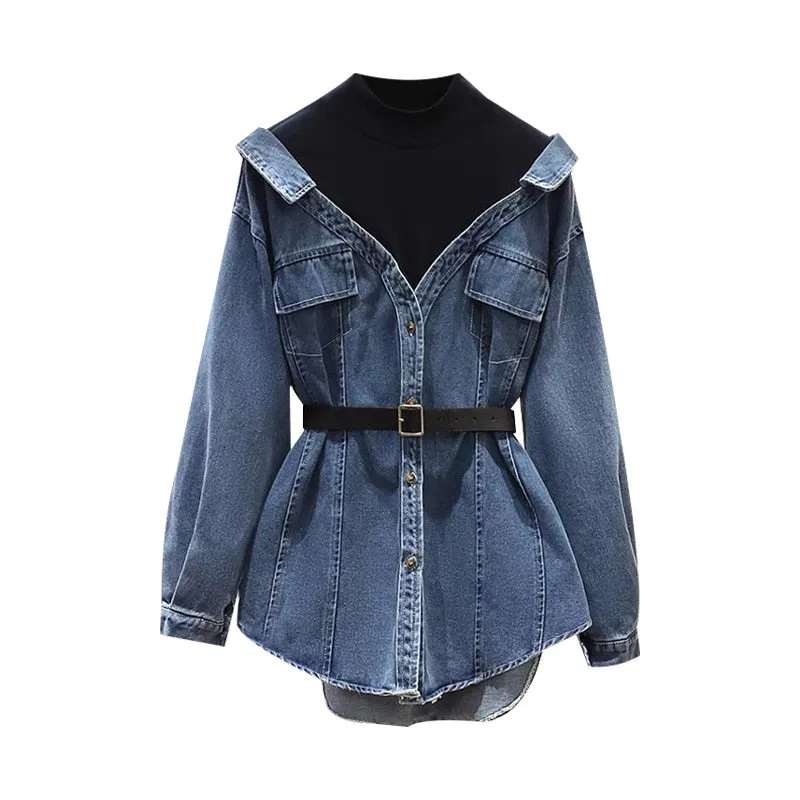 Denim Lapel Patchwork Pocket Single Breasted Belt Fake Two Piece Shirt