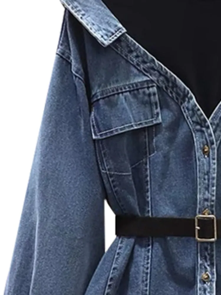 Denim Lapel Patchwork Pocket Single Breasted Belt Fake Two Piece Shirt