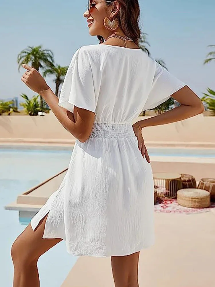 DressBetty - 2024 Solid Loose White Beach Dress Ladies Boho Mini Dress