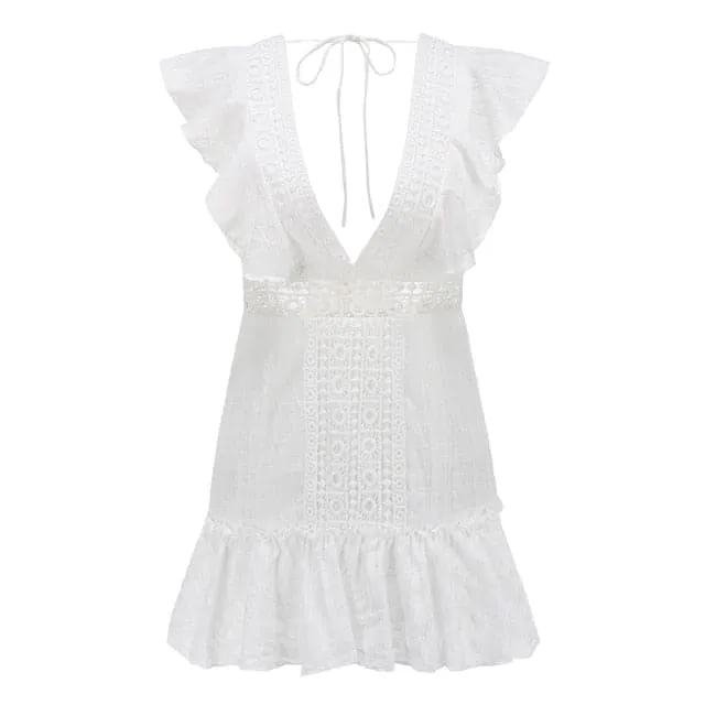 DressBetty - Women Summer Bohemian Beach Boho Dress Embroidery Lace White Dress Deep V Neck Backless Sexy Mini Dress Ruffle Holiday Sundress