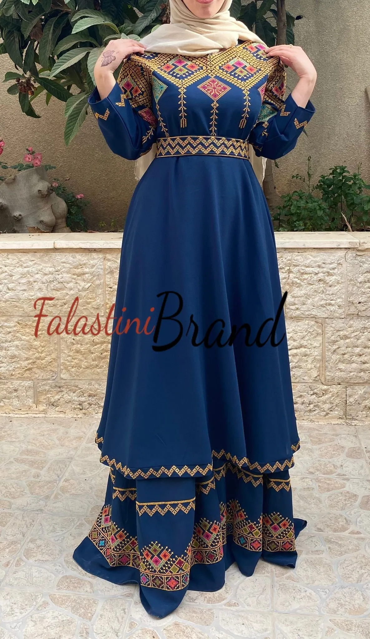 Elegant Navy Palestinian Embroidered Cloche Layered Dress