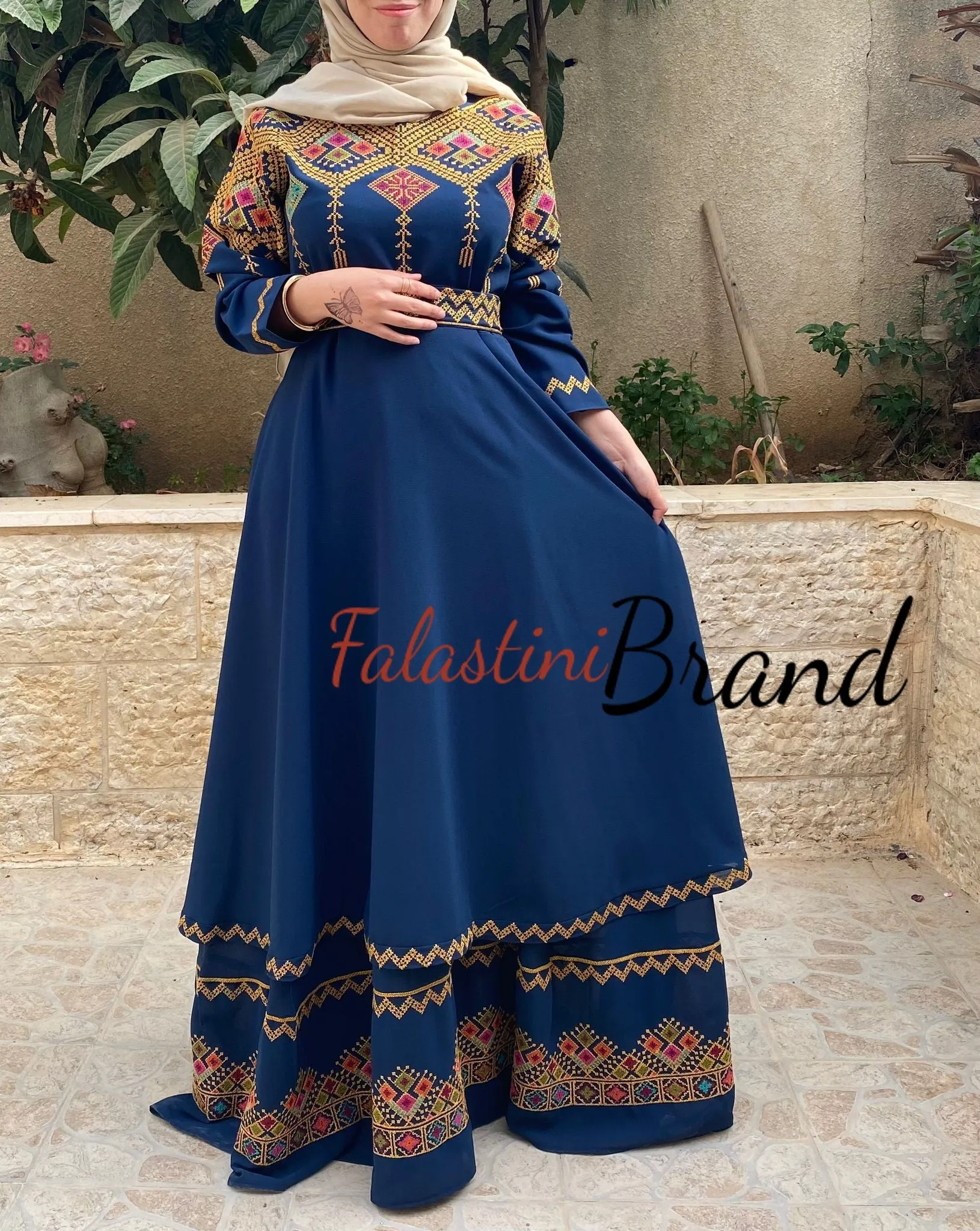 Elegant Navy Palestinian Embroidered Cloche Layered Dress