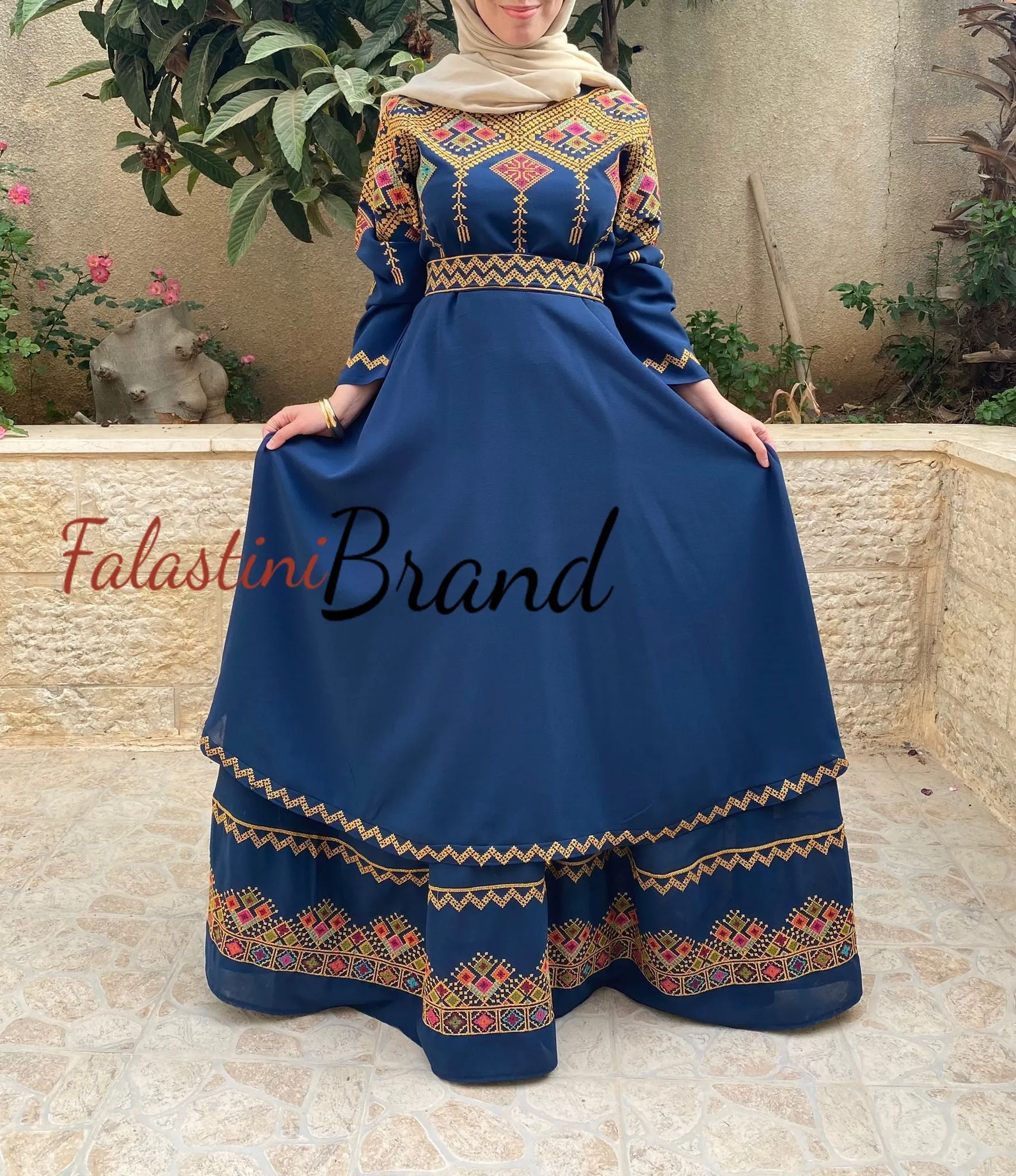 Elegant Navy Palestinian Embroidered Cloche Layered Dress