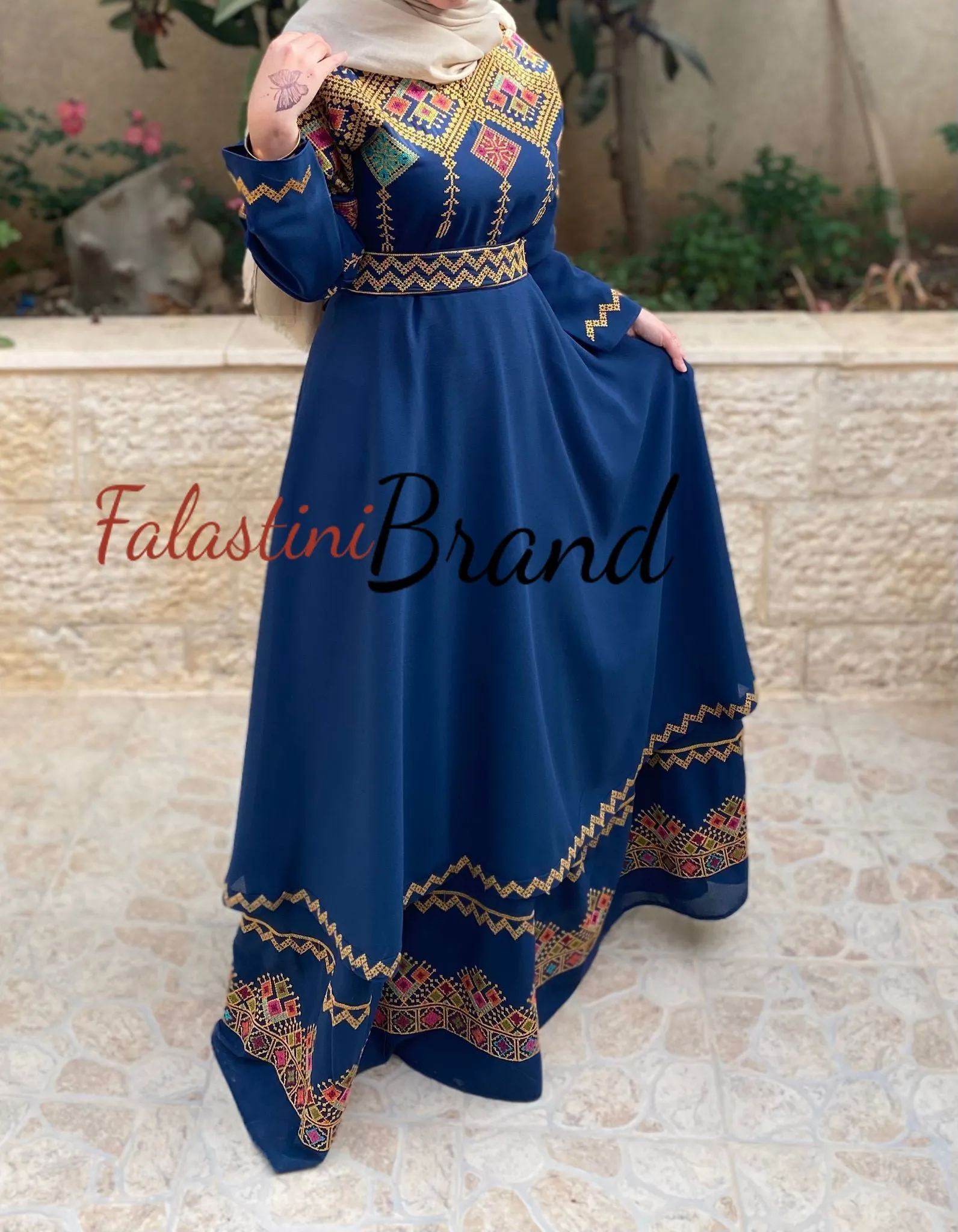 Elegant Navy Palestinian Embroidered Cloche Layered Dress