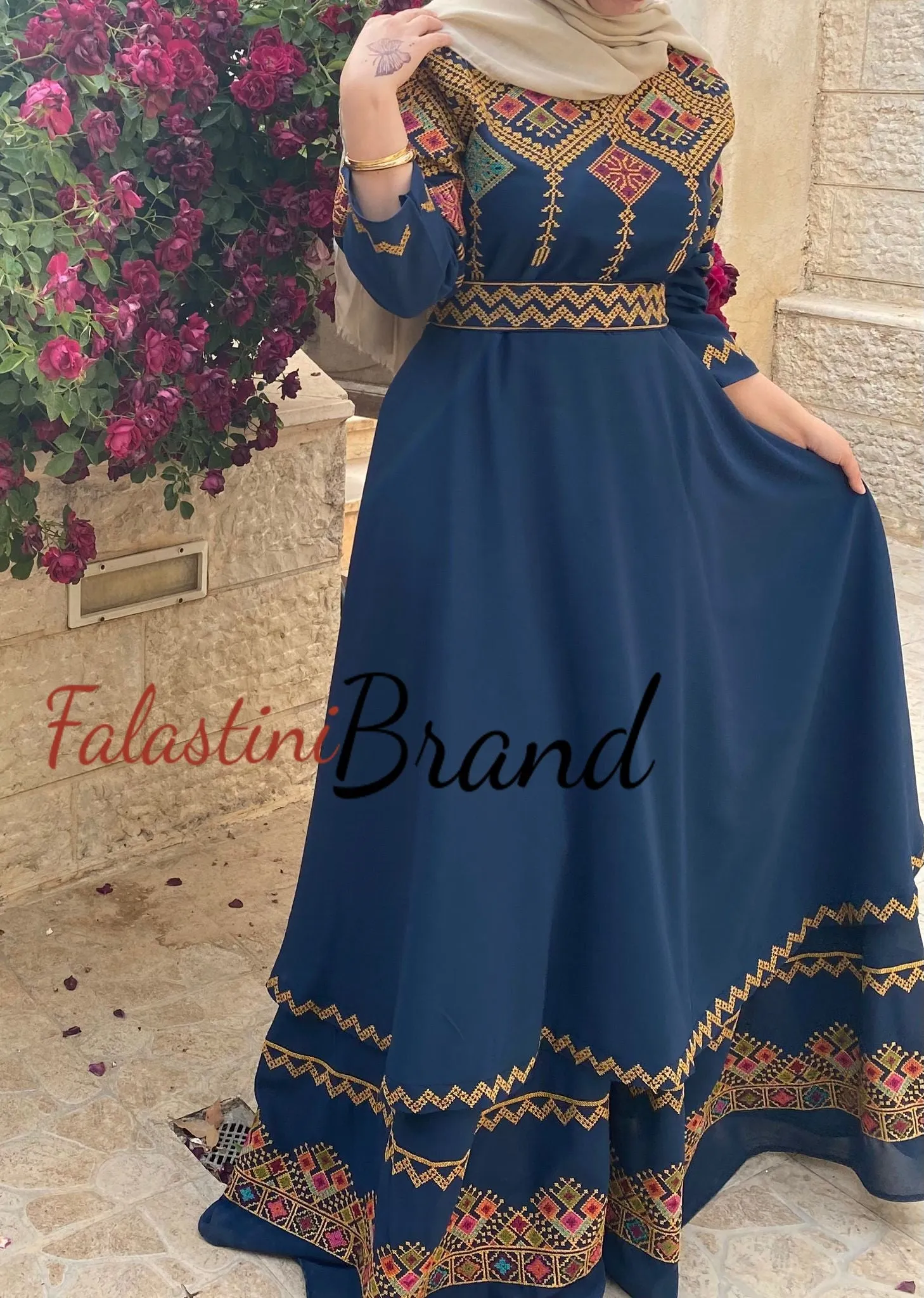 Elegant Navy Palestinian Embroidered Cloche Layered Dress