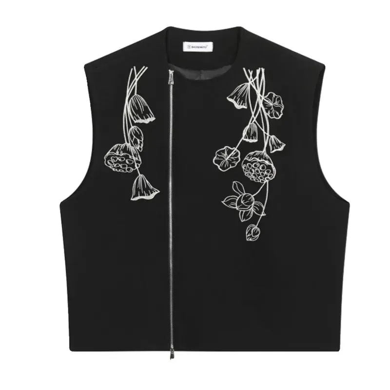 Embroidery Men's Vest New Chinese Style Round Neck Contrast Color Zipper Male Waistcoat Retro Spring Stylish 9C4567