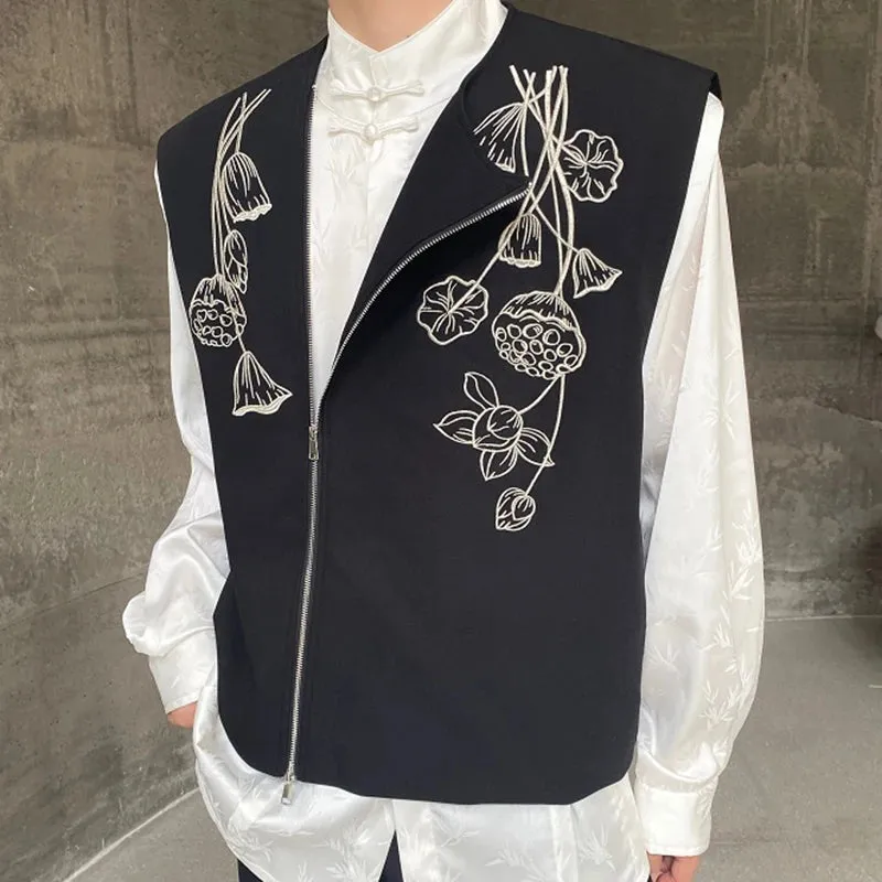 Embroidery Men's Vest New Chinese Style Round Neck Contrast Color Zipper Male Waistcoat Retro Spring Stylish 9C4567