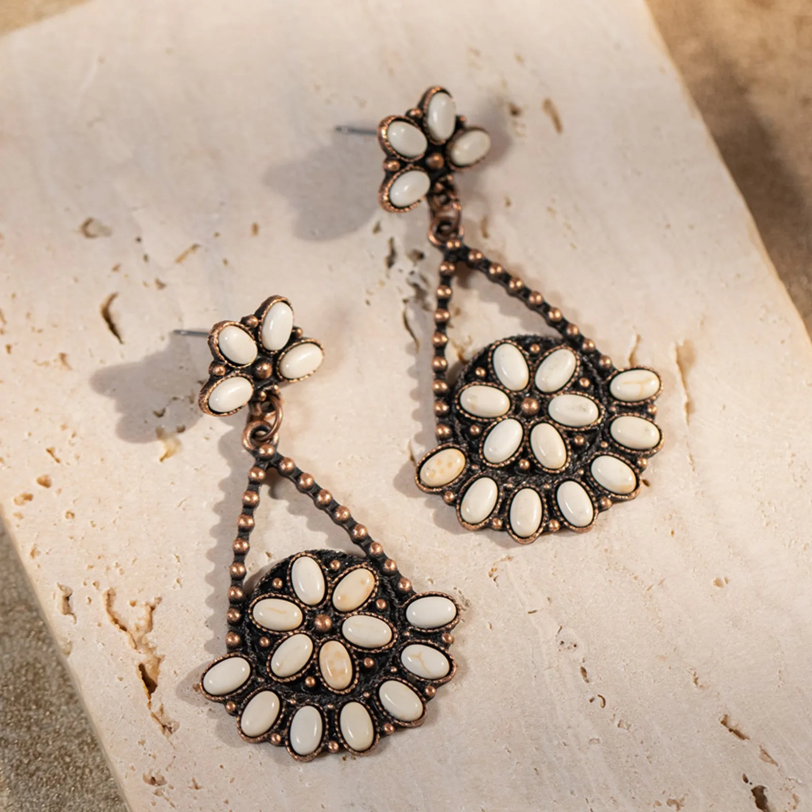 ER-1027 Rustic Couture's  Bohemian Daisy Flower Tear Drop Earrings - By Dozen