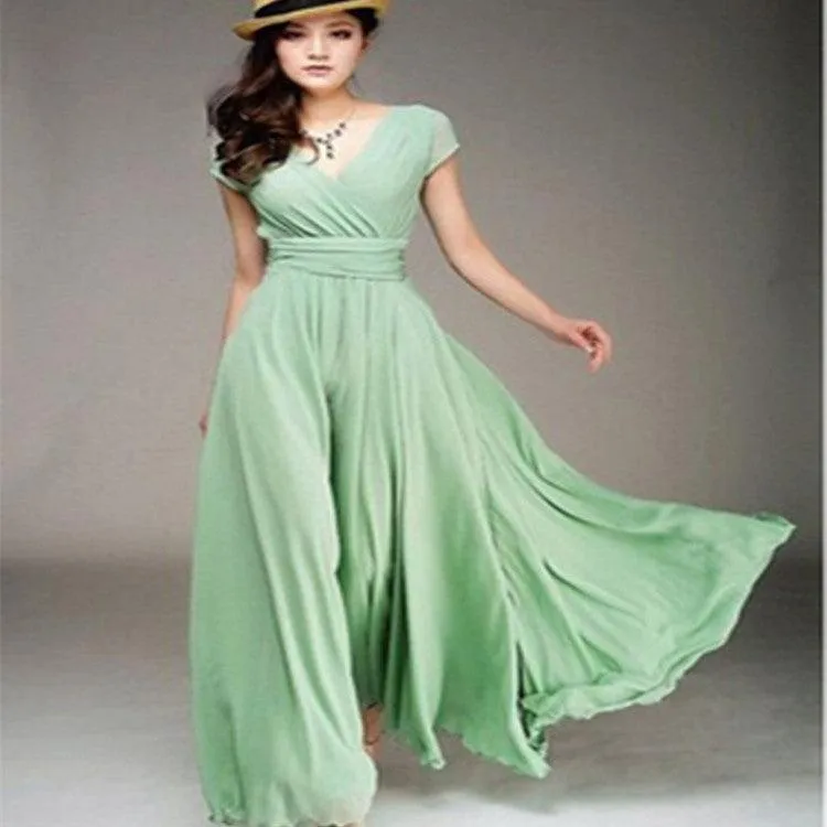 Explosion V-neck short-sleeved bohemian chiffon waist dress