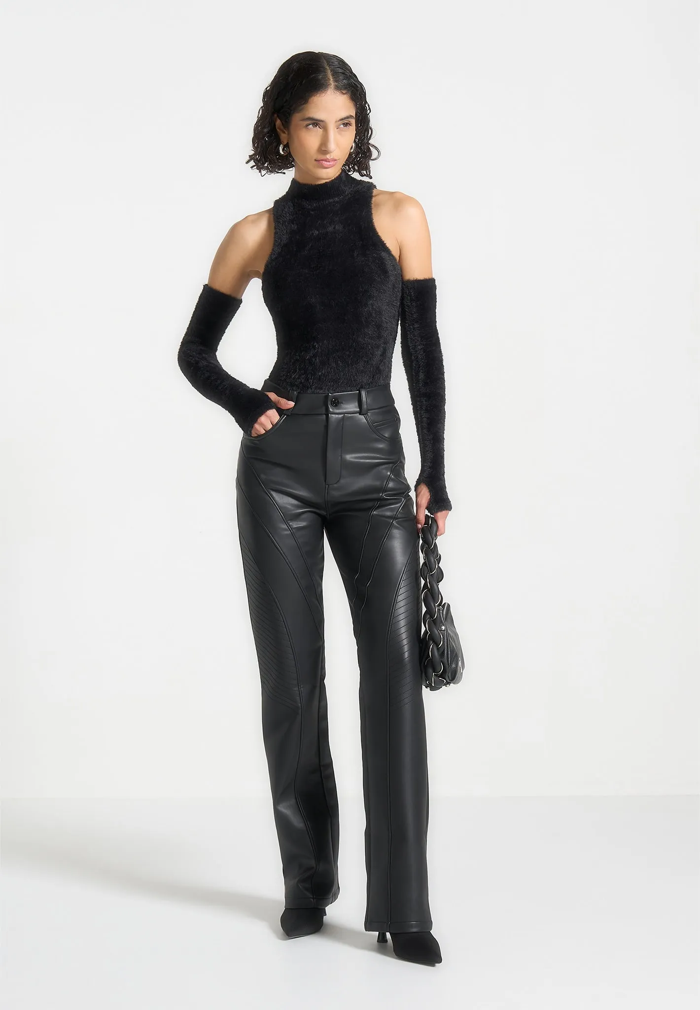 Fuzzy High Neck Bodysuit with Sleeves - Black