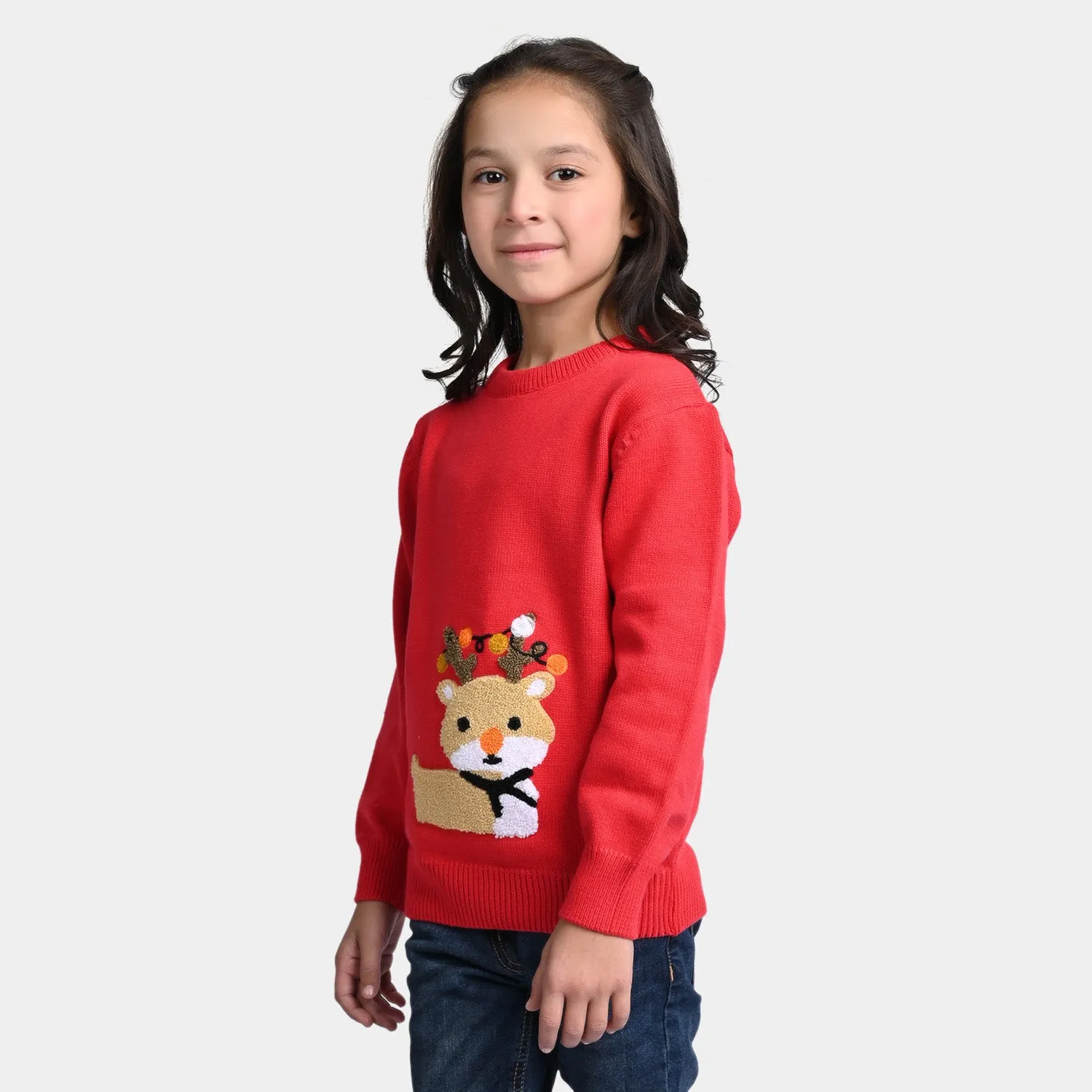 Girls Cotton Full Sleeves Sweaters Fox-Red