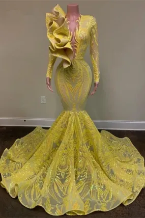 Glamorous Yellow V-neck Long Sleeve Floor-length Mermaid Prom Dresses