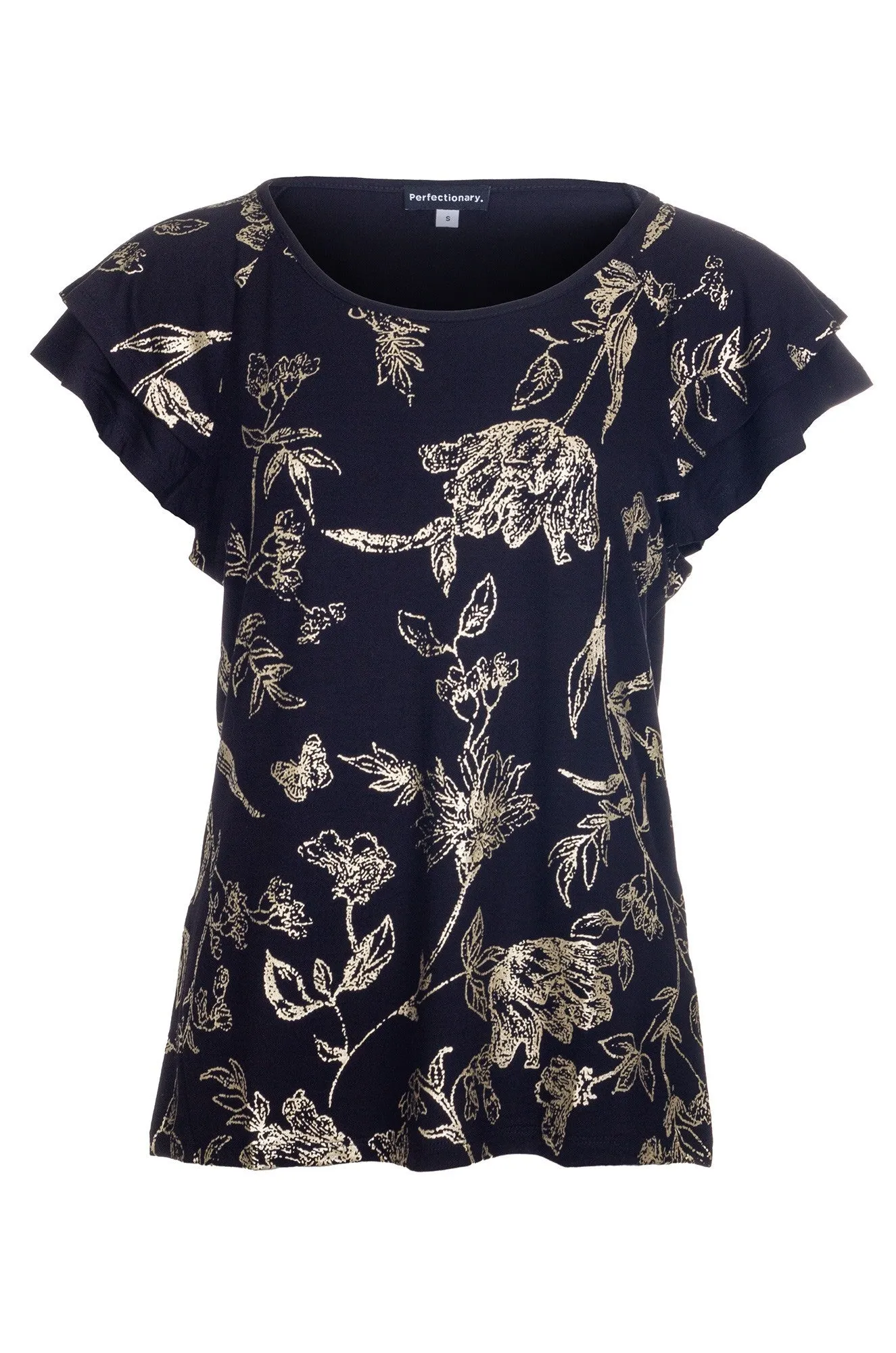 Gold foil print Top with cap sleeve | BLACK/GOLD | 4533A1