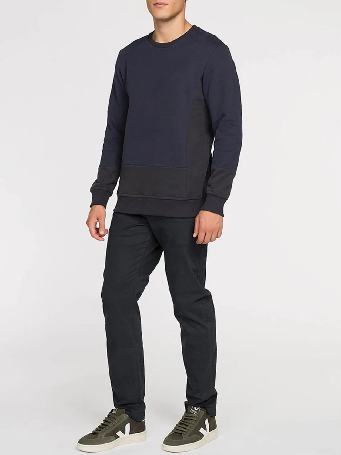 Horizontal Color Block Crew Neck Sweatshirt Navy Blue