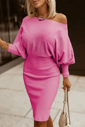 Hot Pink Sweater Dress with  Boat Neck & Lantern Sleeve