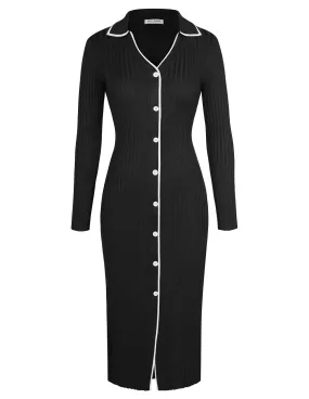 KK Women Lapel Collar Sweater Dress Long Sleeve V-Neck Knitted Bodycon Dress