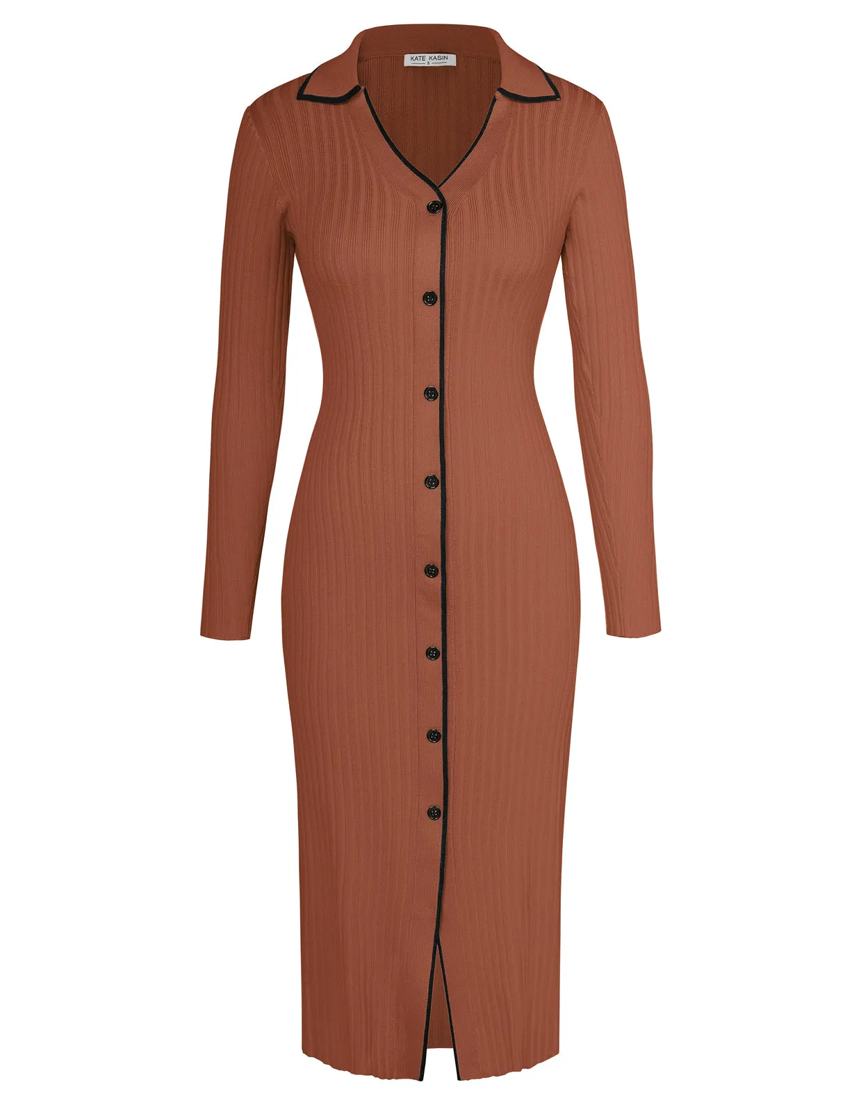 KK Women Lapel Collar Sweater Dress Long Sleeve V-Neck Knitted Bodycon Dress