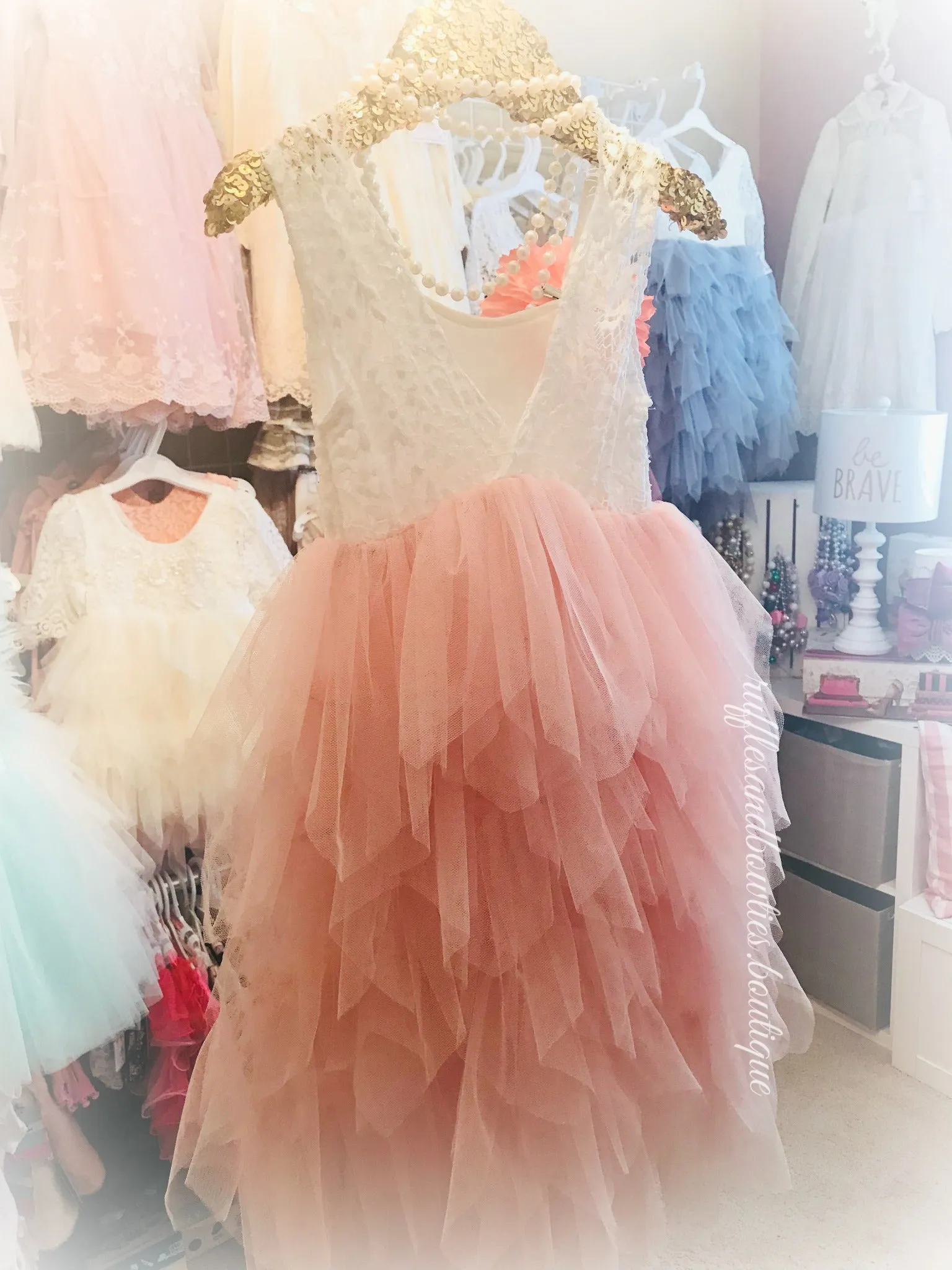 Kryss Kouture Veronica Soft White Eyelash Lace with a Blush Long Tutu Skirt - Princess Dress