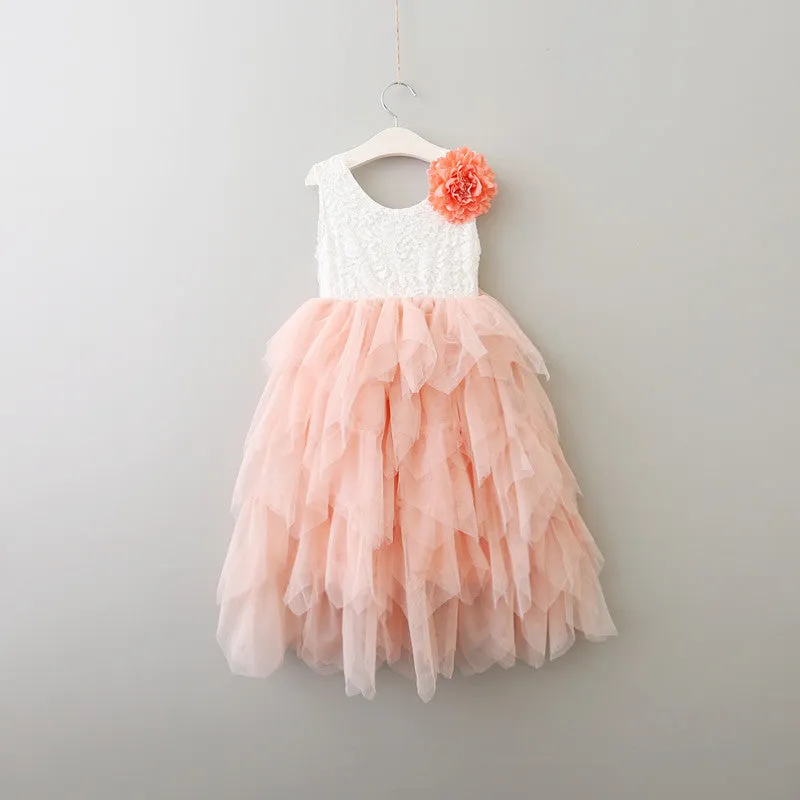 Kryss Kouture Veronica Soft White Eyelash Lace with a Blush Long Tutu Skirt - Princess Dress