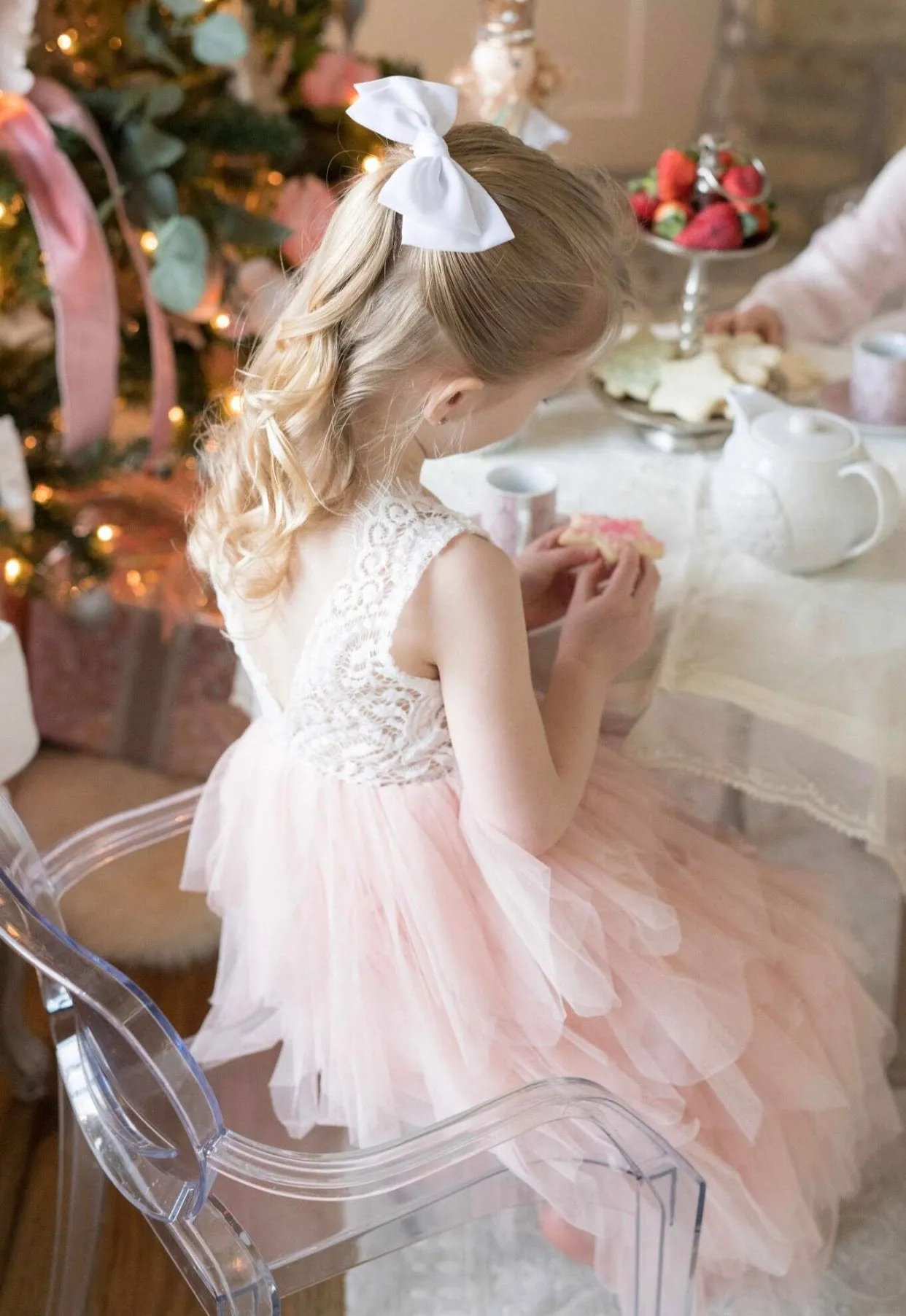 Kryss Kouture Veronica Soft White Eyelash Lace with a Blush Long Tutu Skirt - Princess Dress