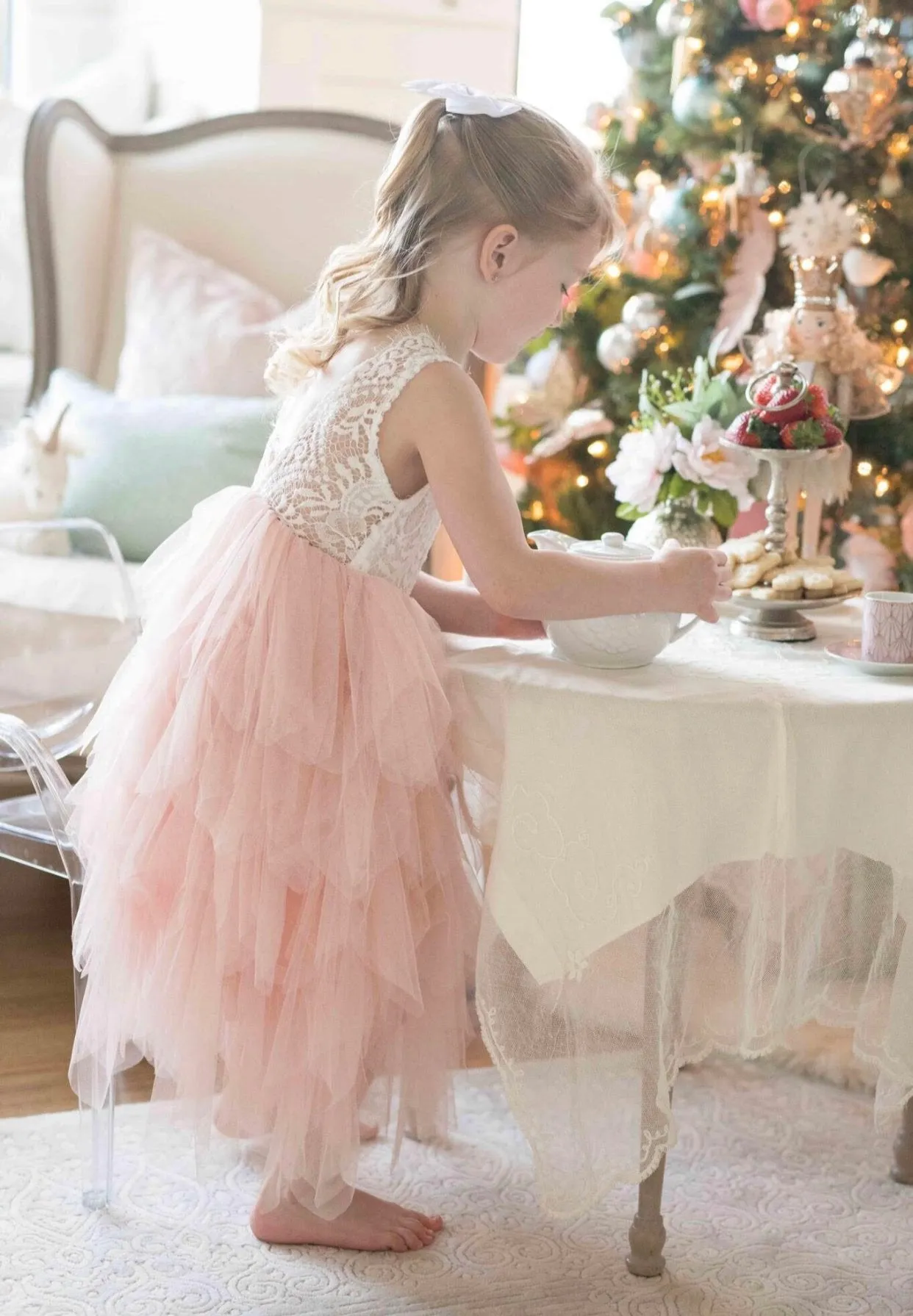 Kryss Kouture Veronica Soft White Eyelash Lace with a Blush Long Tutu Skirt - Princess Dress