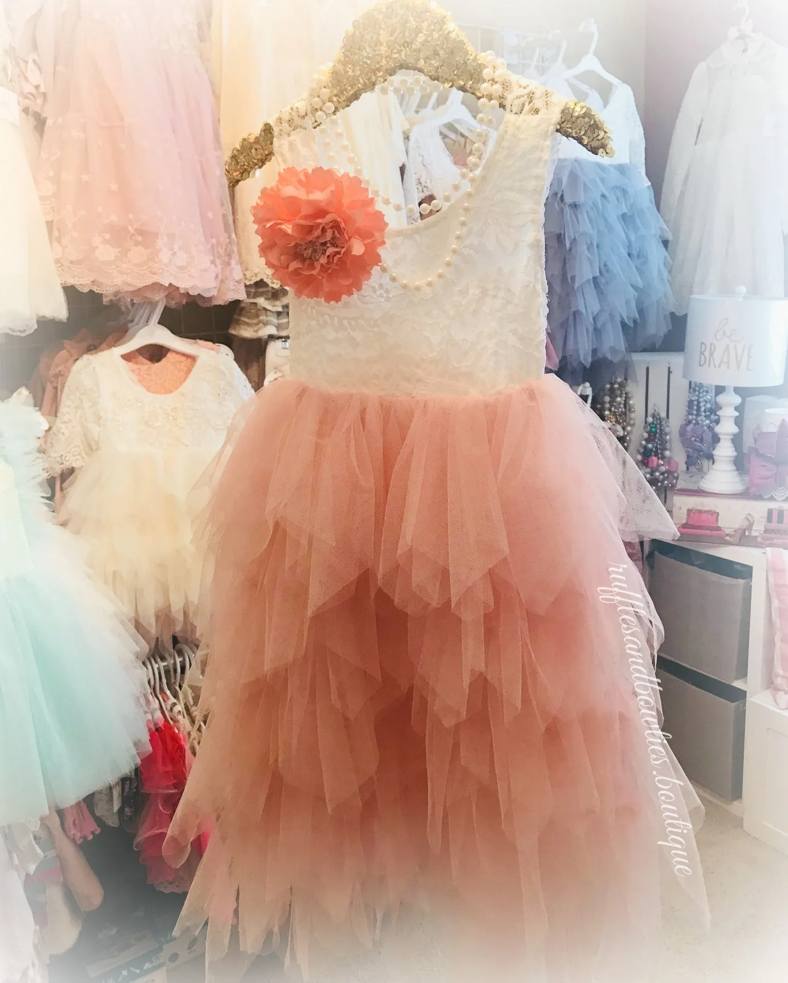 Kryss Kouture Veronica Soft White Eyelash Lace with a Blush Long Tutu Skirt - Princess Dress