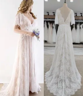 Lace Bohemian A Line Beach Bridal Wedding Gown