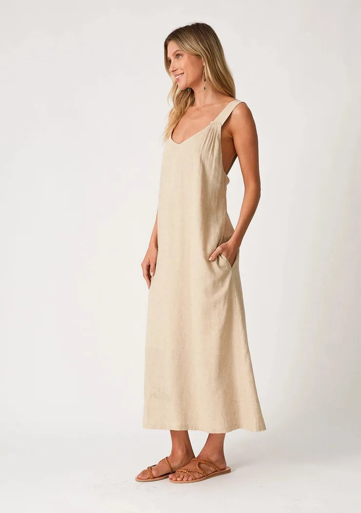 Linen Blend Sleeveless Open Back Midi Dress (Black & Wheat)