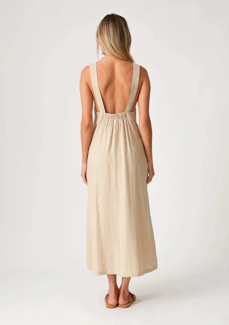 Linen Blend Sleeveless Open Back Midi Dress (Black & Wheat)