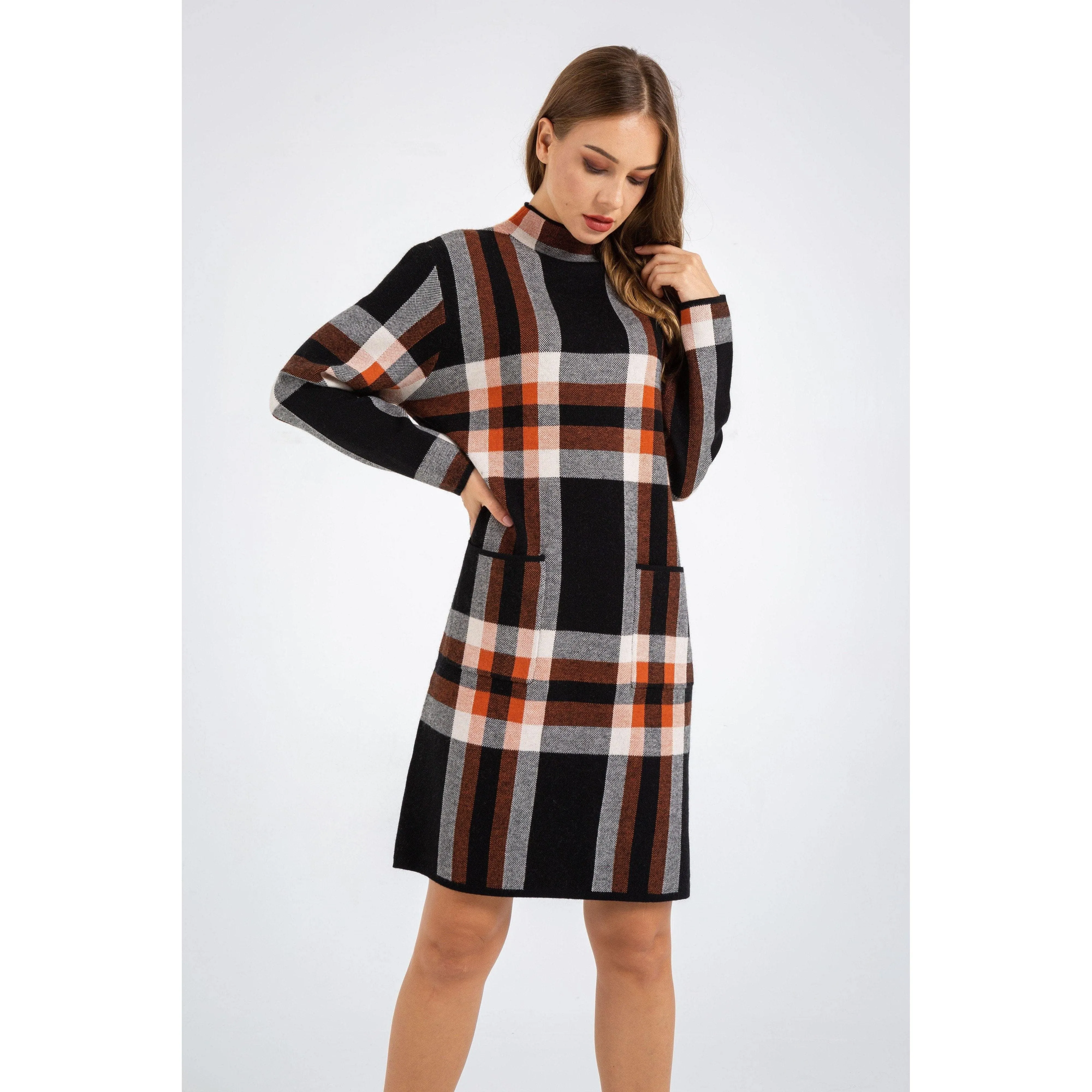 Long Sleeve Turtleneck Plaid Pullover Sweater Dress