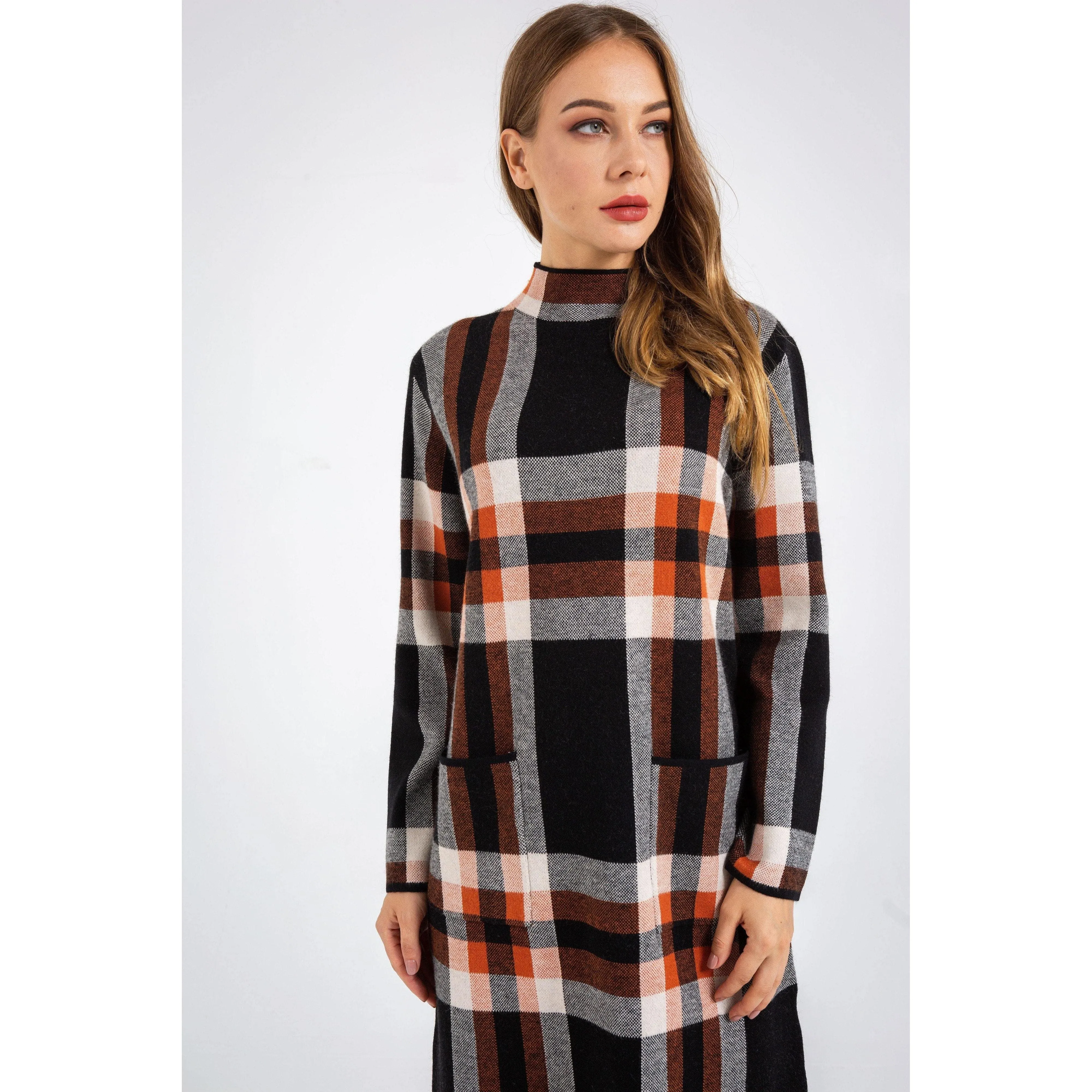 Long Sleeve Turtleneck Plaid Pullover Sweater Dress