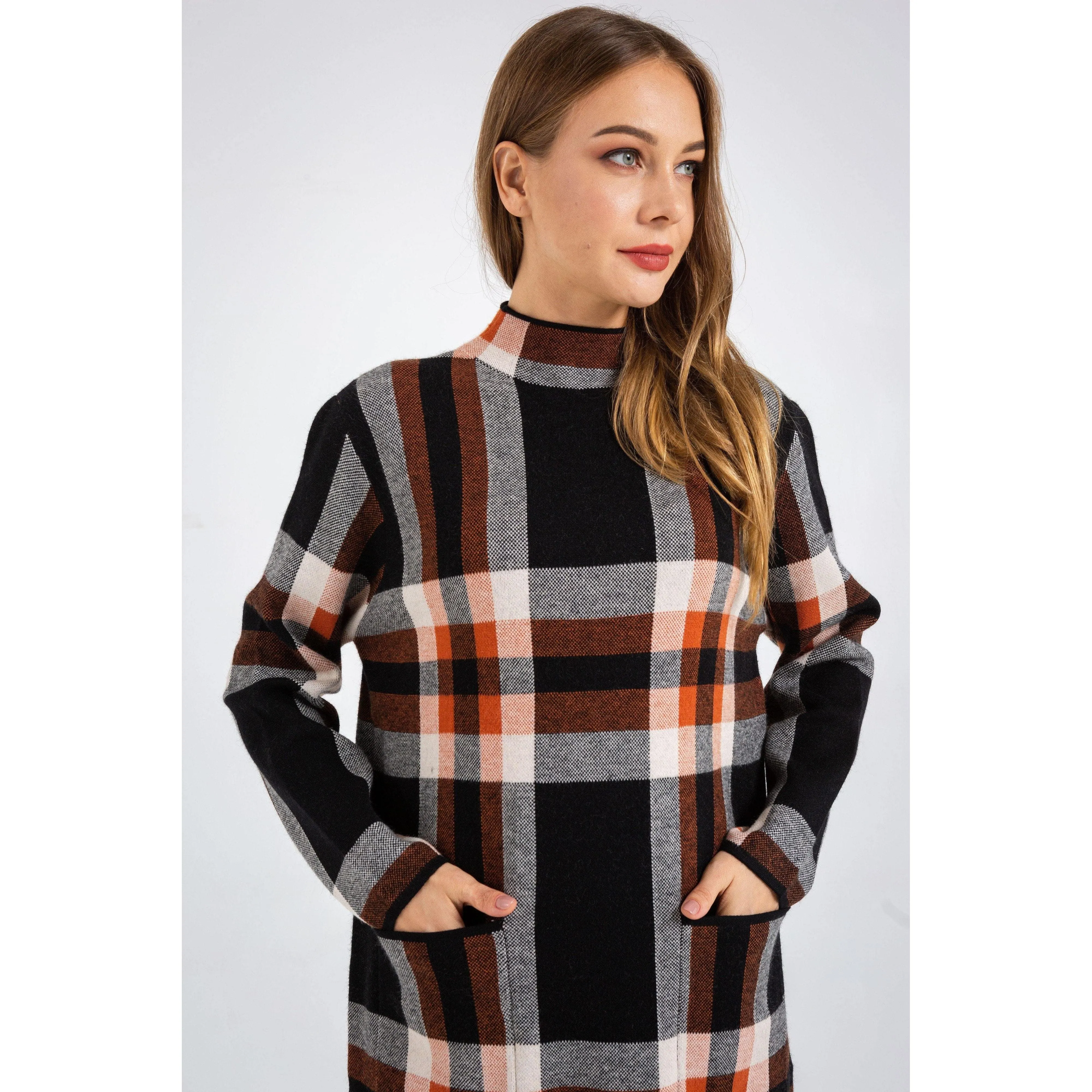 Long Sleeve Turtleneck Plaid Pullover Sweater Dress