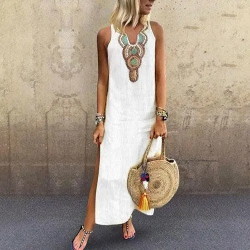 Loose Cotton And Linen Bohemian Sexy Sleeveless V Neck Side Slit Dress Women