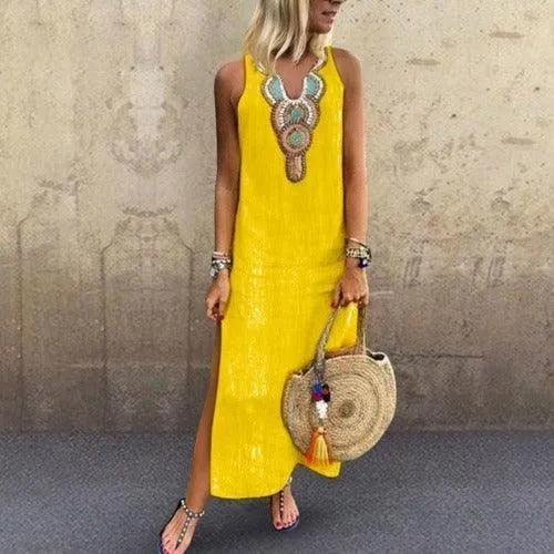 Loose Cotton And Linen Bohemian Sexy Sleeveless V Neck Side Slit Dress Women