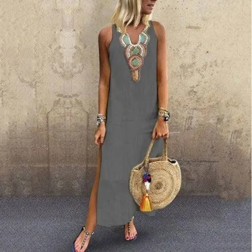 Loose Cotton And Linen Bohemian Sexy Sleeveless V Neck Side Slit Dress Women