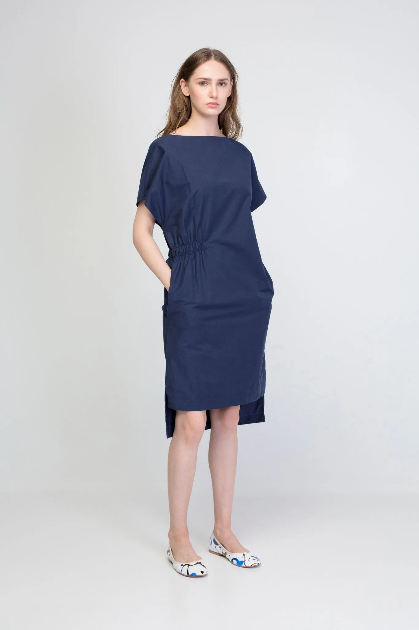 Minimalist midi  dress with a gathering/cotton/cupro