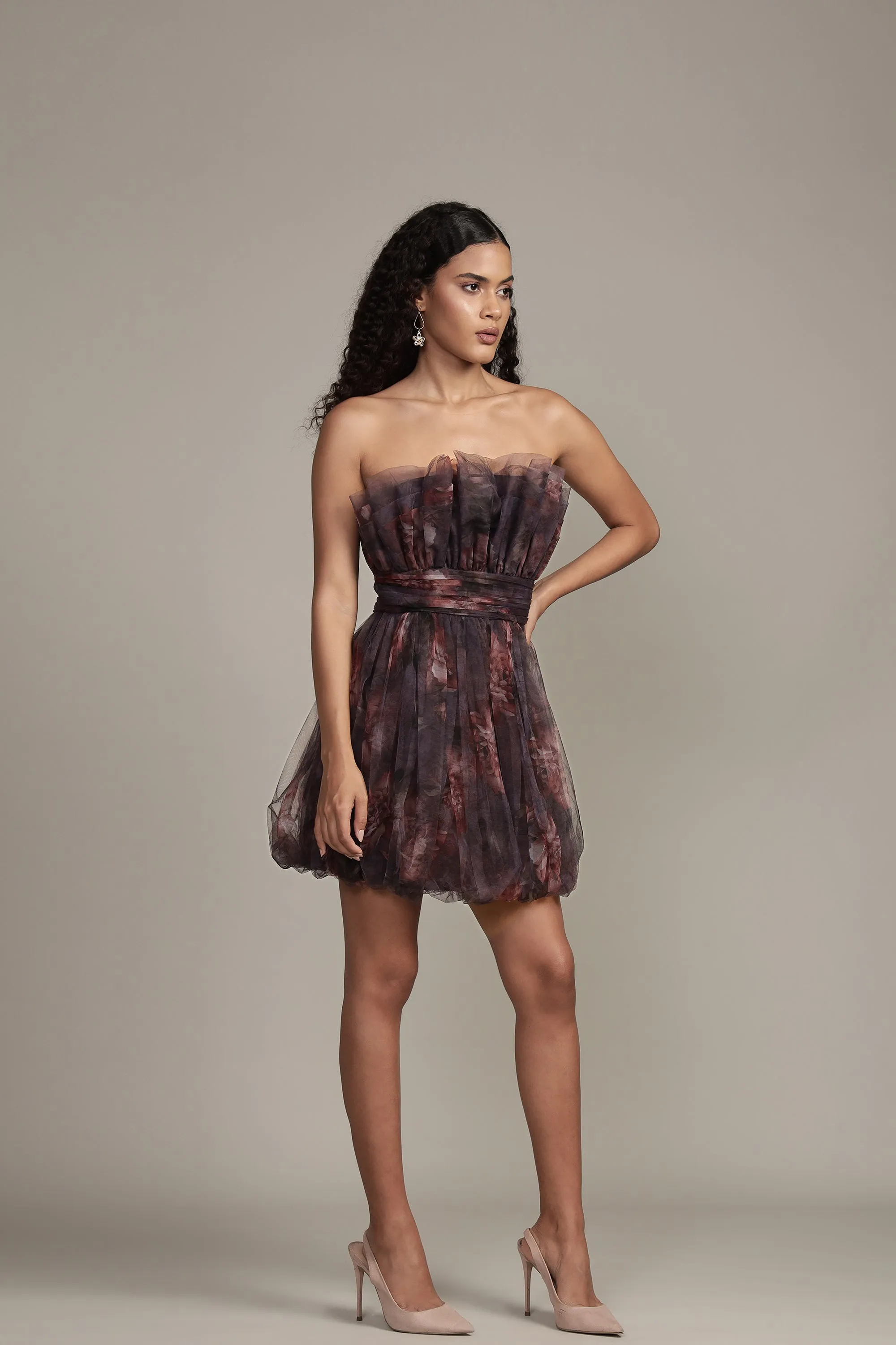 Nanita Mini Dress with Balloon Hem in Plum Floral