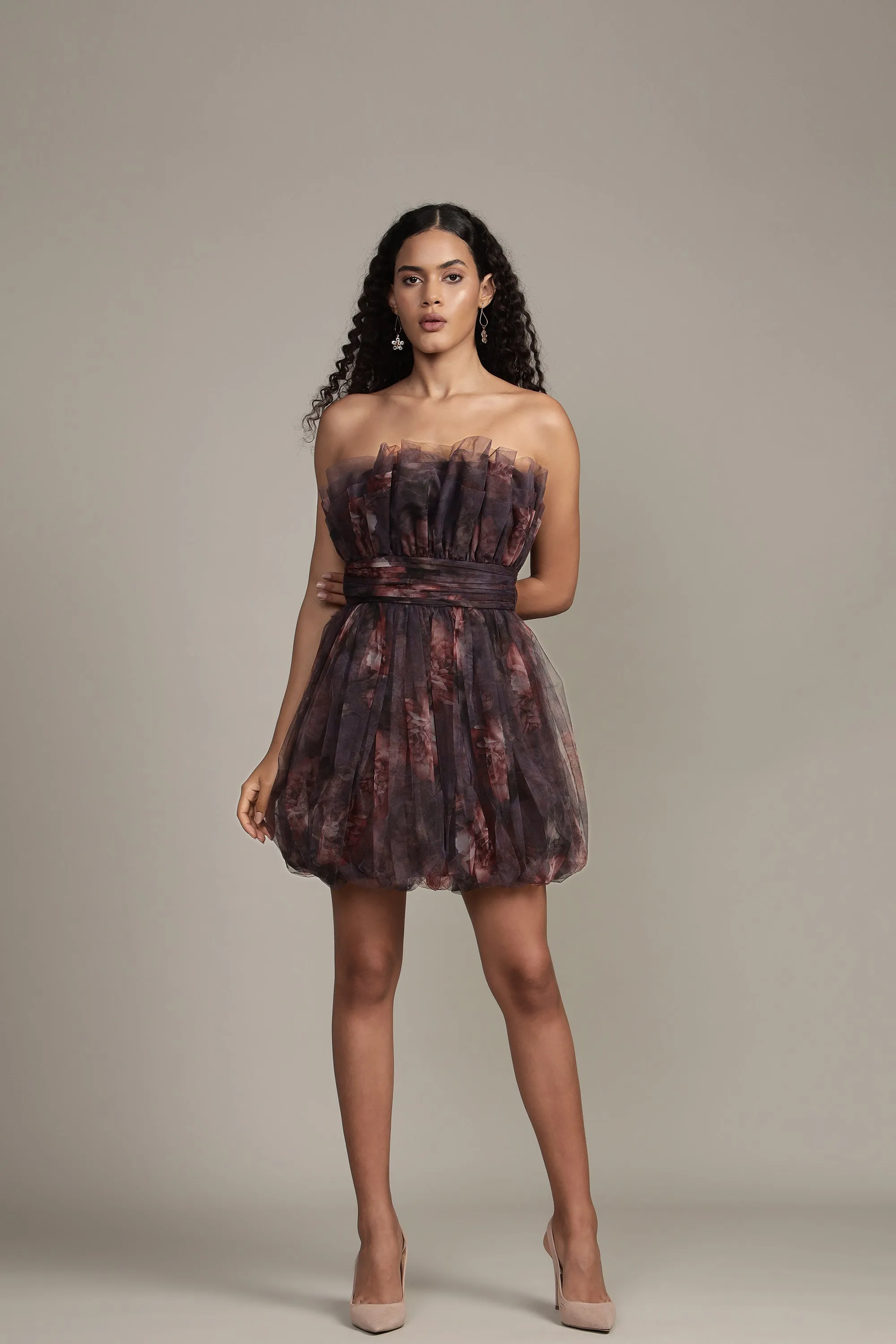 Nanita Mini Dress with Balloon Hem in Plum Floral