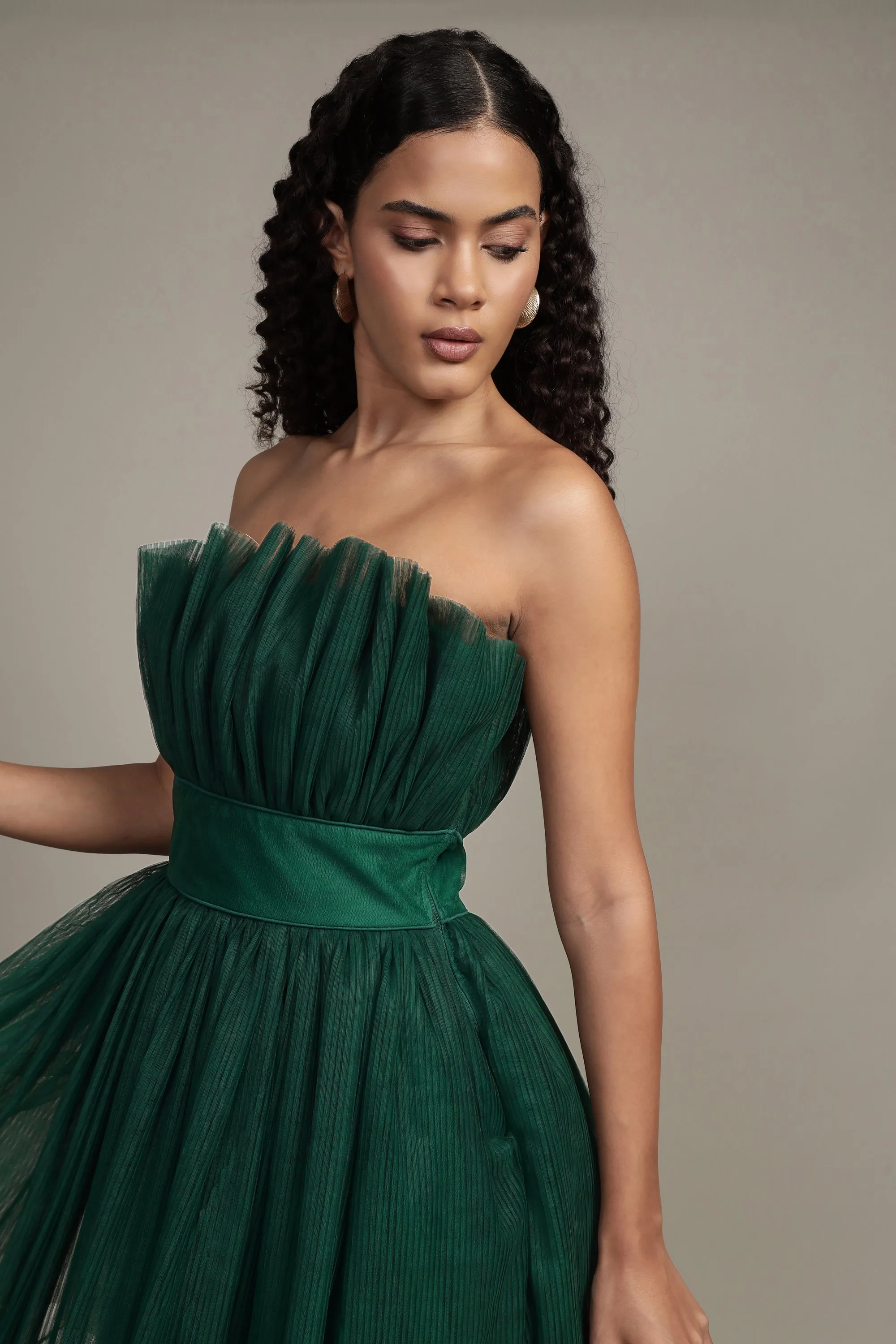 Nanita Pleated Mini Dress in Emerald Green