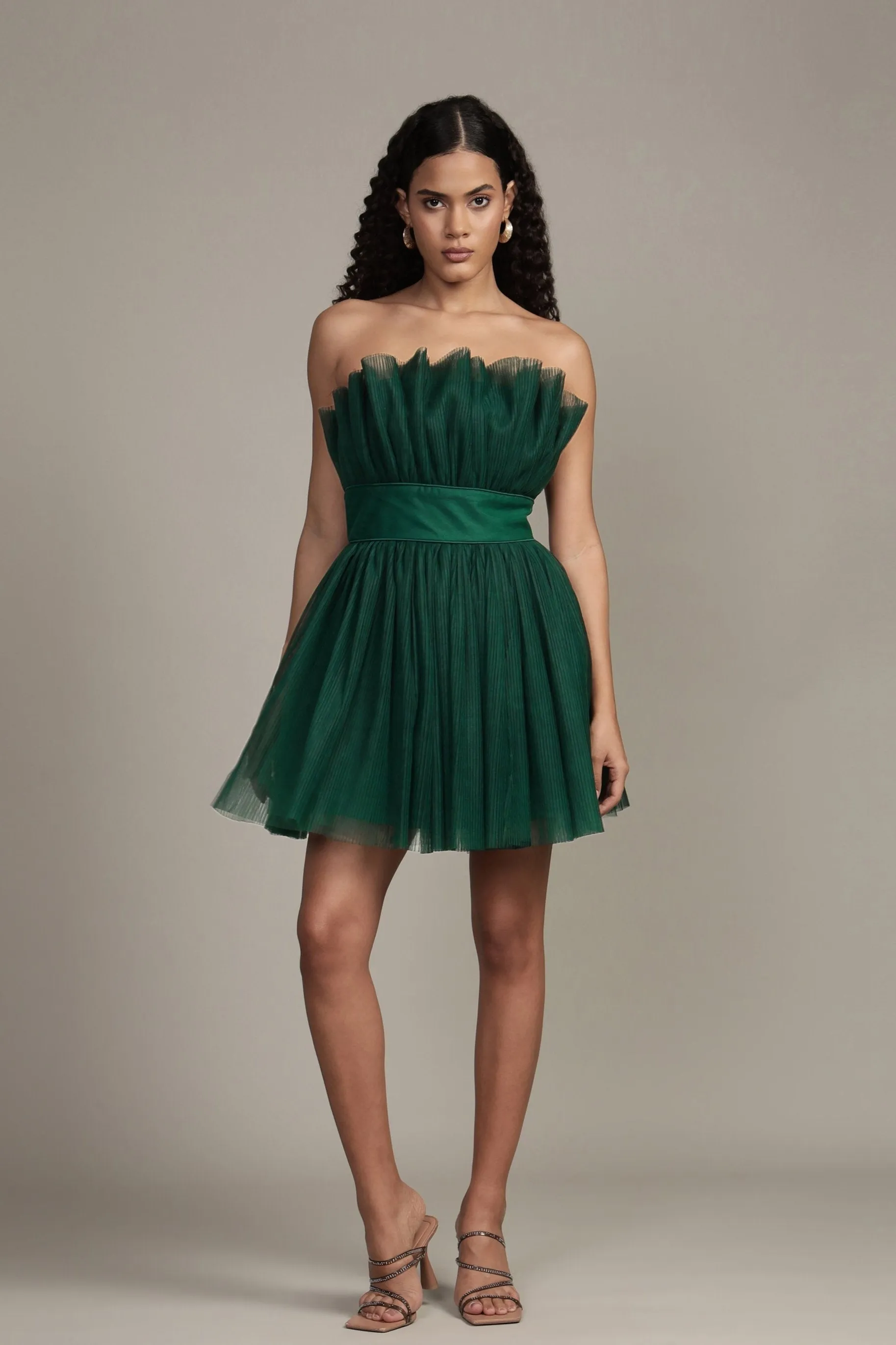 Nanita Pleated Mini Dress in Emerald Green