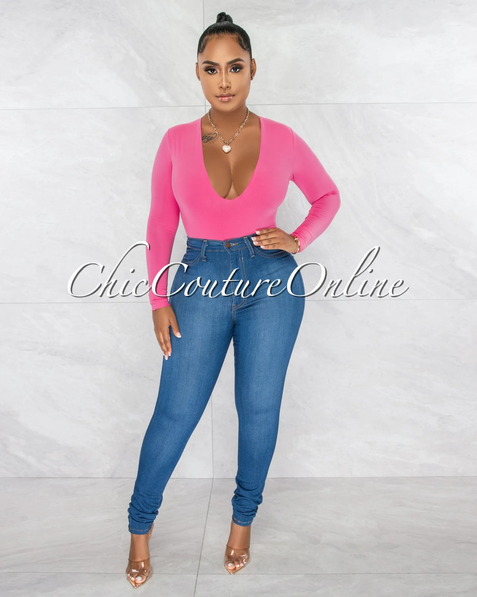 Nilam Bubblegum Pink Depp V Neck Long Sleeves Bodysuit