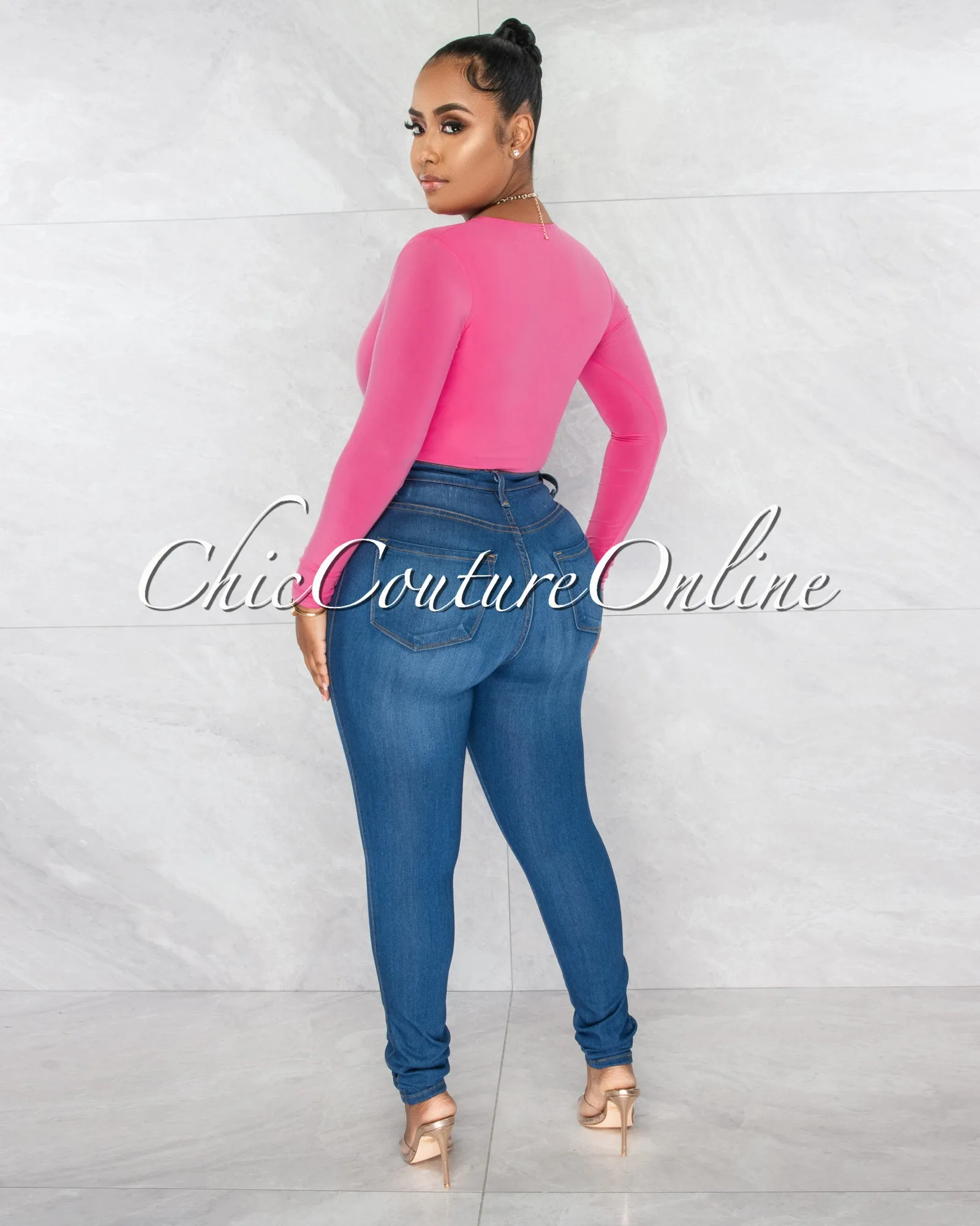 Nilam Bubblegum Pink Depp V Neck Long Sleeves Bodysuit