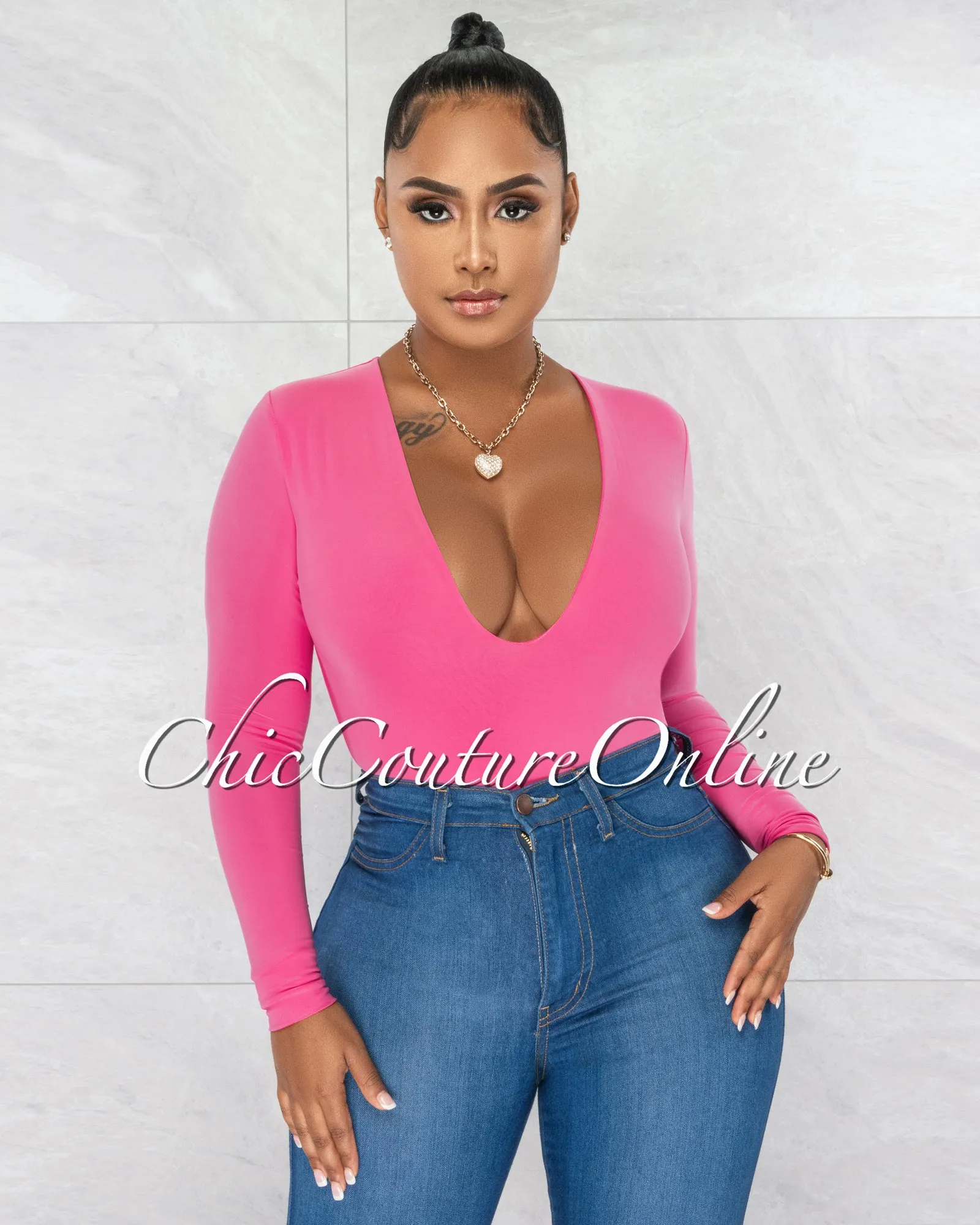 Nilam Bubblegum Pink Depp V Neck Long Sleeves Bodysuit