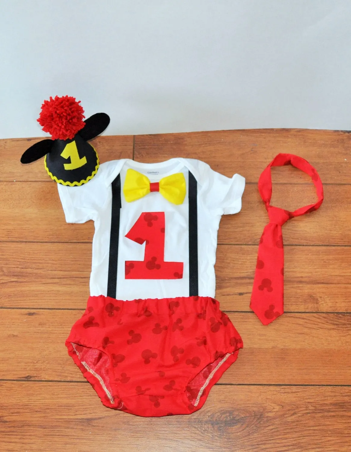 Personalized Mickey Mouse birthday outfit, Mickey Mouse cake smash, first birthday outfit, Boys cake smash outfit, Banner, mickey party hat