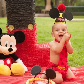 Personalized Mickey Mouse birthday outfit, Mickey Mouse cake smash, first birthday outfit, Boys cake smash outfit, Banner, mickey party hat